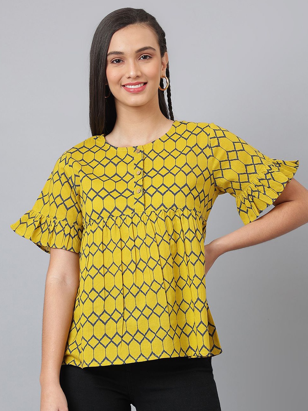 

KALINI Women Geometric Printed Round Neck Cotton Top, Yellow