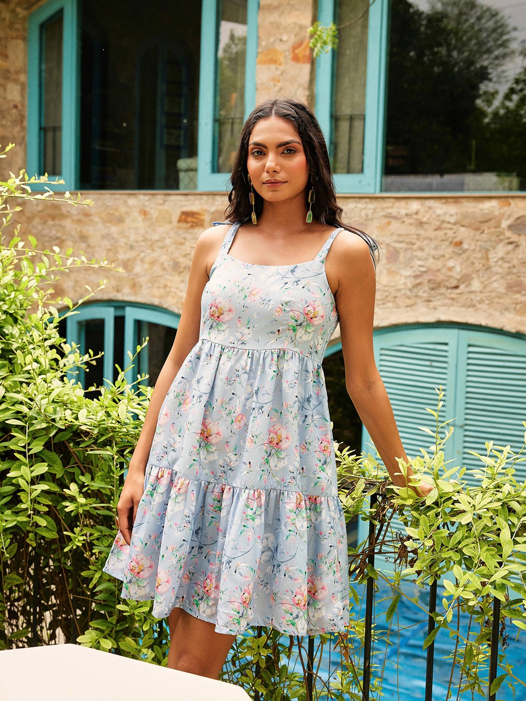 

KIZI Shoulder Strap Empire Tiered Floral Dress, Grey