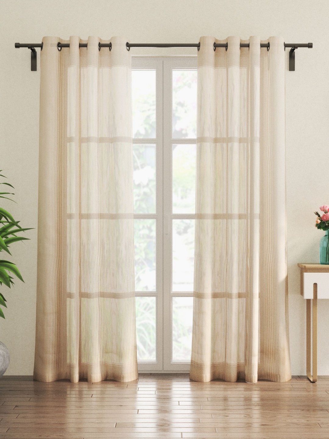 

Home Centre Corsica Gold-Toned 2 Pieces Striped Printed Sheer Door Curtain