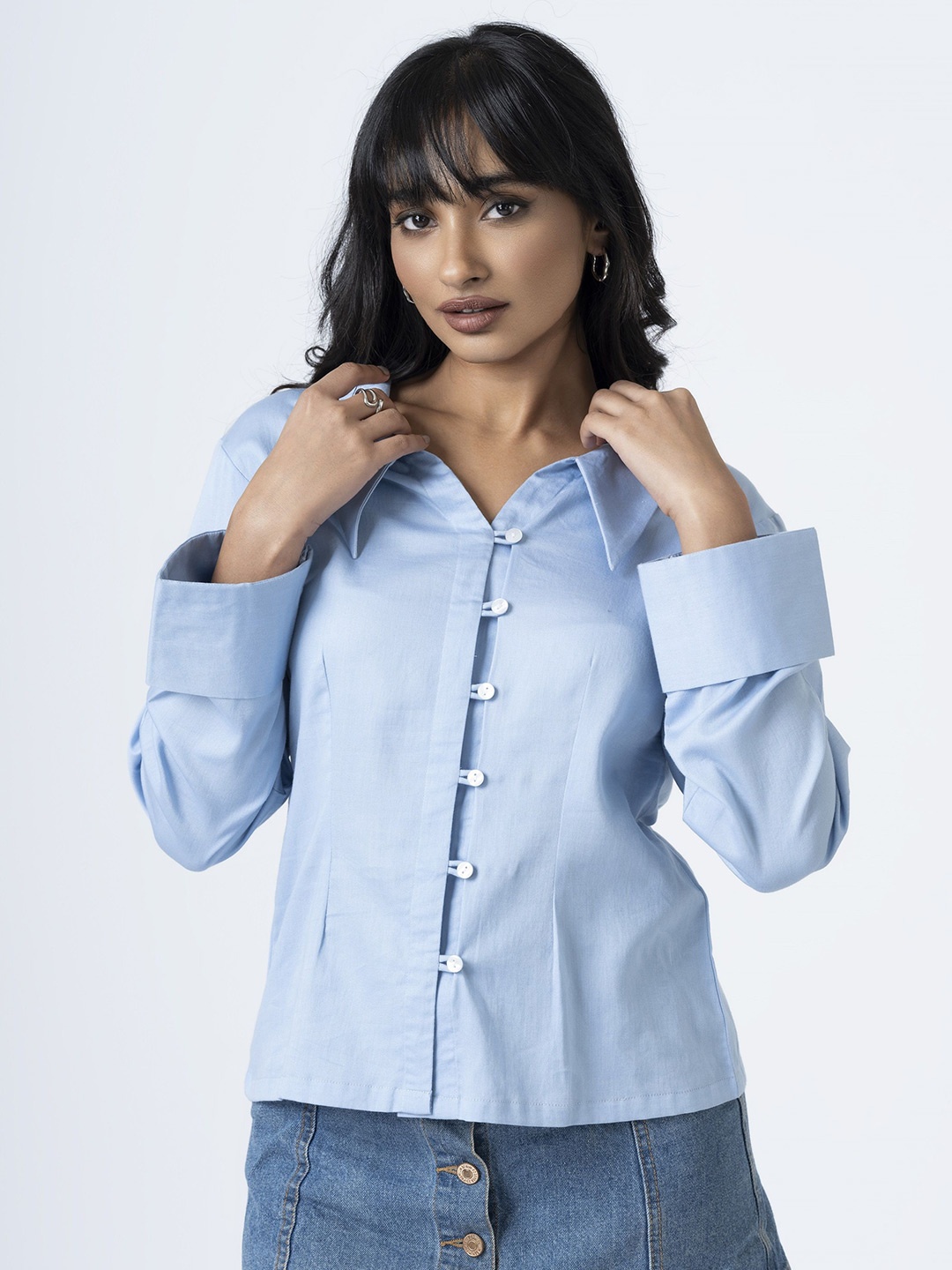 

BOONS n PERKKS Women Standard Spread Collar Solid Cotton Casual Shirt, Blue