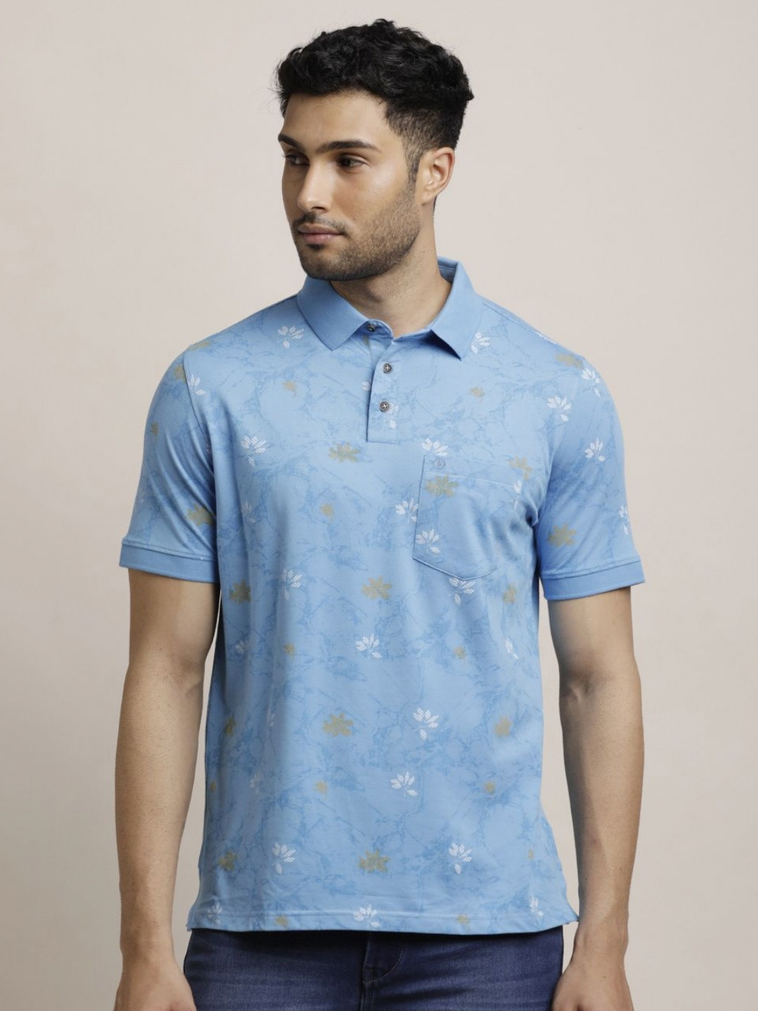 

Turtle Men Floral Printed Polo Collar Pockets Slim Fit T-shirt, Blue
