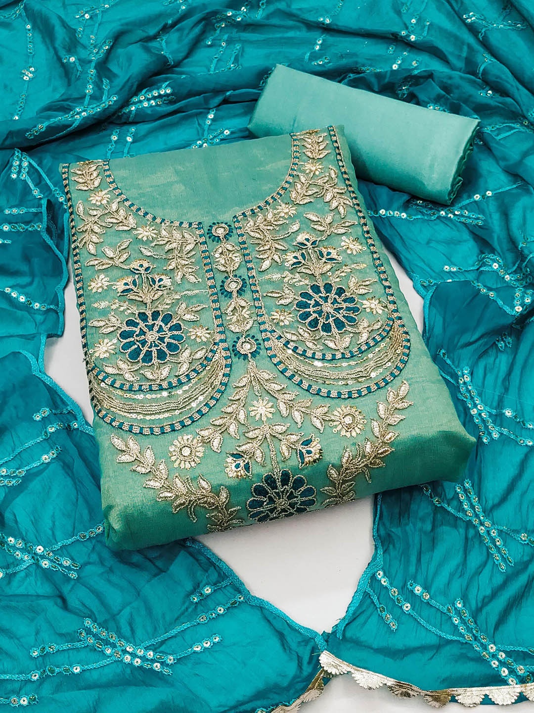 

Ishin Ethnic Motifs Embroidered Unstitched Dress Material, Sea green