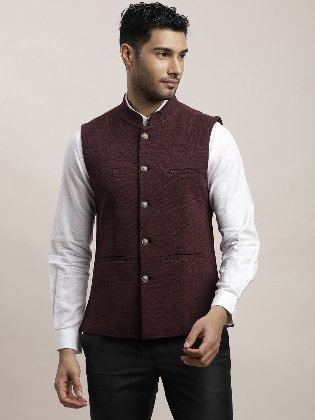 

Turtle Women Woven Design Nehru Jacket, Maroon