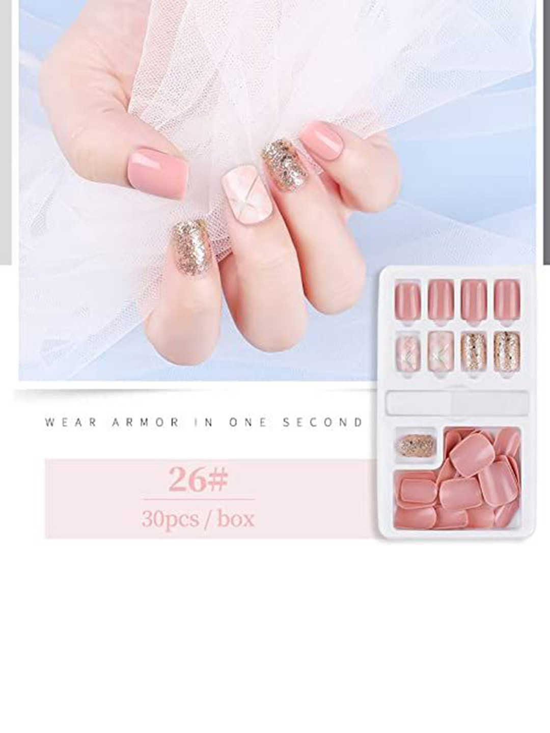

Coslifestore Set of 24 Press On Ready to Use Acrylic Gel Nails with Glitter - Nude Pink 26