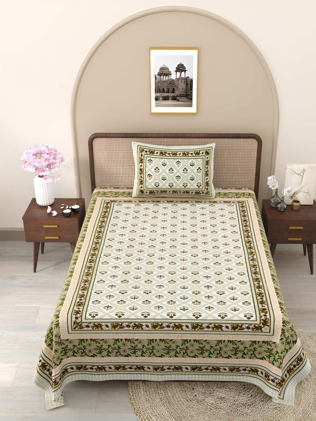 

Jinaya's Green Floral Printed Pure Cotton 210 TC Single Bedsheet & 1 Pillow Cover