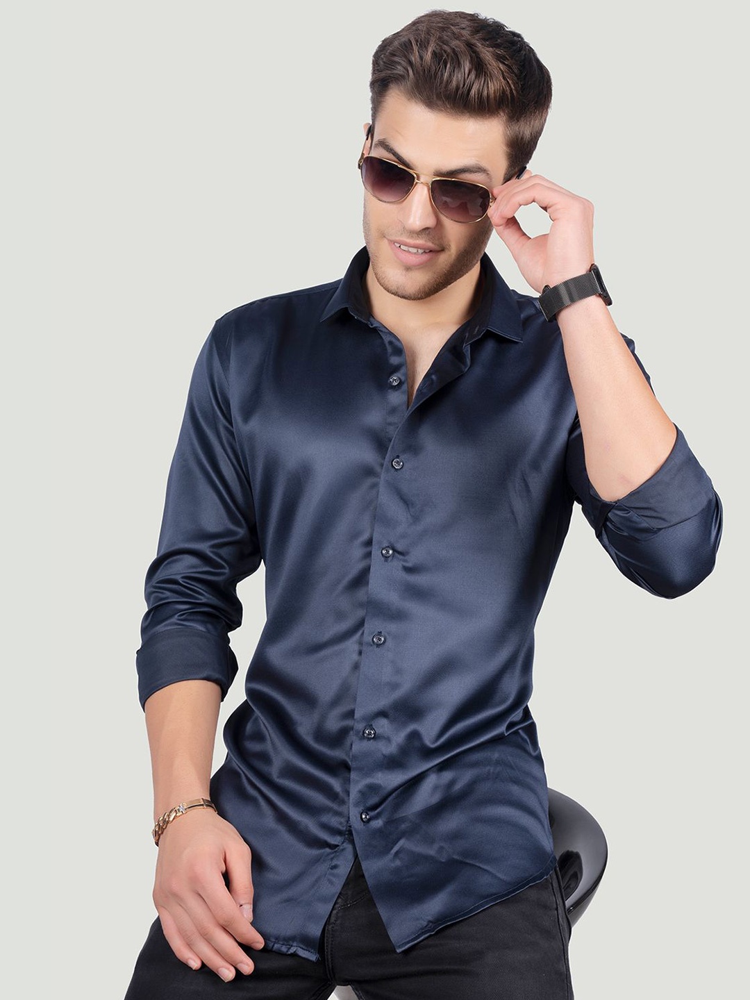 

ALMATY Men Comfort Spread Collar Solid Cotton Slim Fit Party Shirt, Navy blue