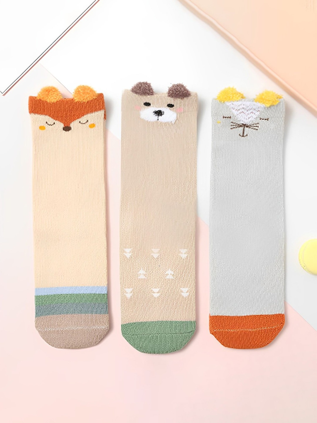 

SYGA Kids Pack Of 3 Patterned Combed Cotton Breathable Above Knee-Length Socks, Peach