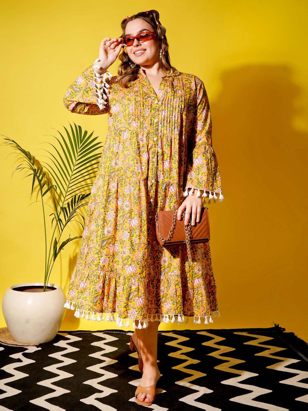 

MOOBA Women Print Flared Sleeve Fit & Flare Dress, Yellow