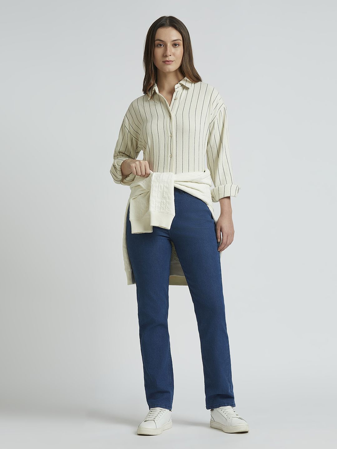 

Pepe Jeans Women Spread Collar Vertical Striped Cotton Oversized Casual Shirt, Off white
