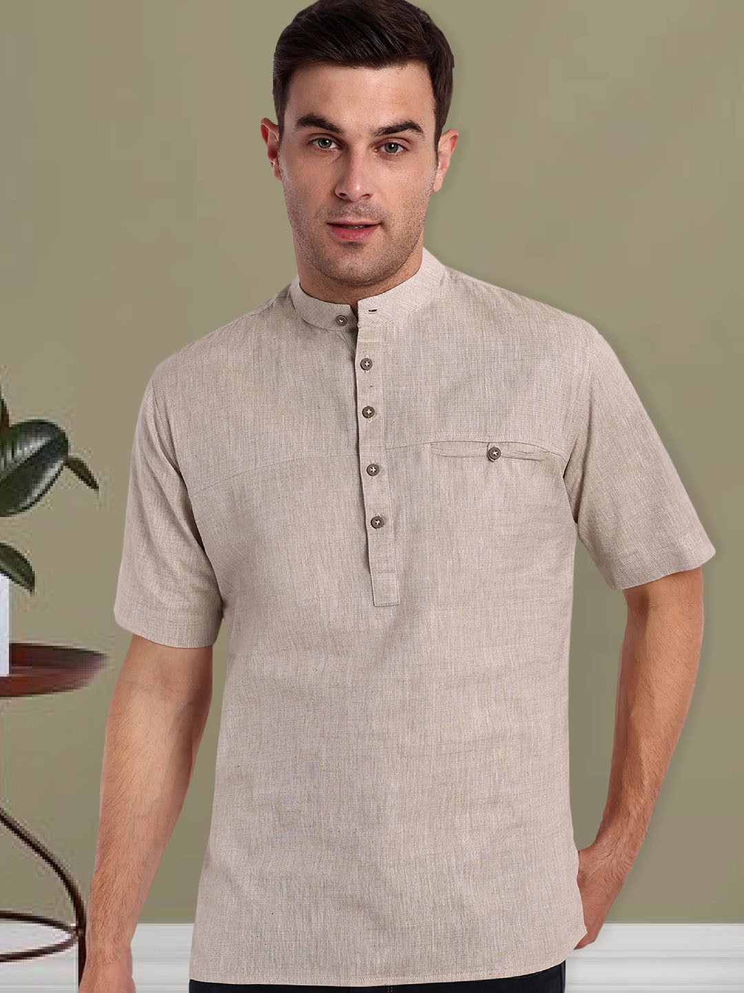 

Tesmare Woven Design Band Collar Short Sleeves Pure Cotton Straight Kurta, Beige