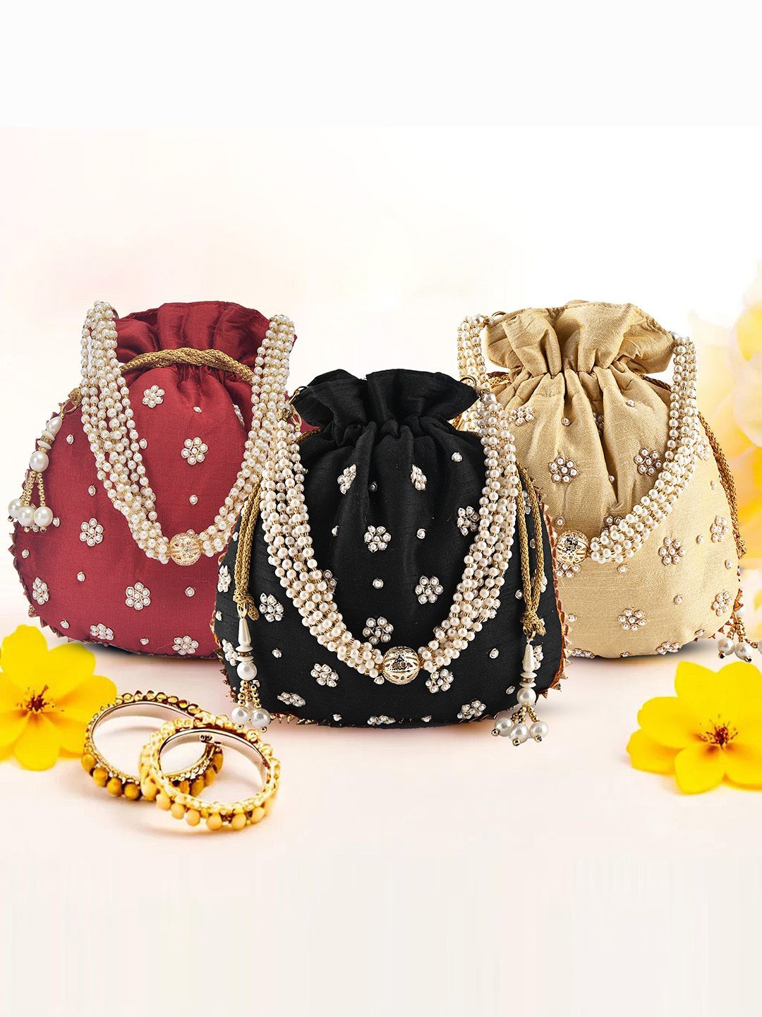 

Kuber Industries Set Of 3 Embroidered Potli Clutch, Gold