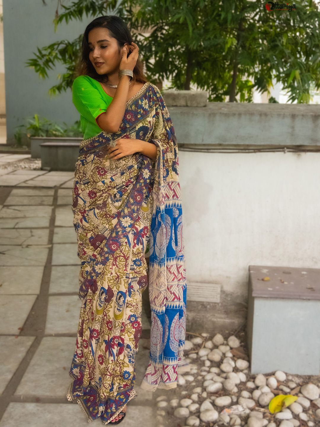

Uttariya Kalamkari Printed Pure Cotton Saree, Olive
