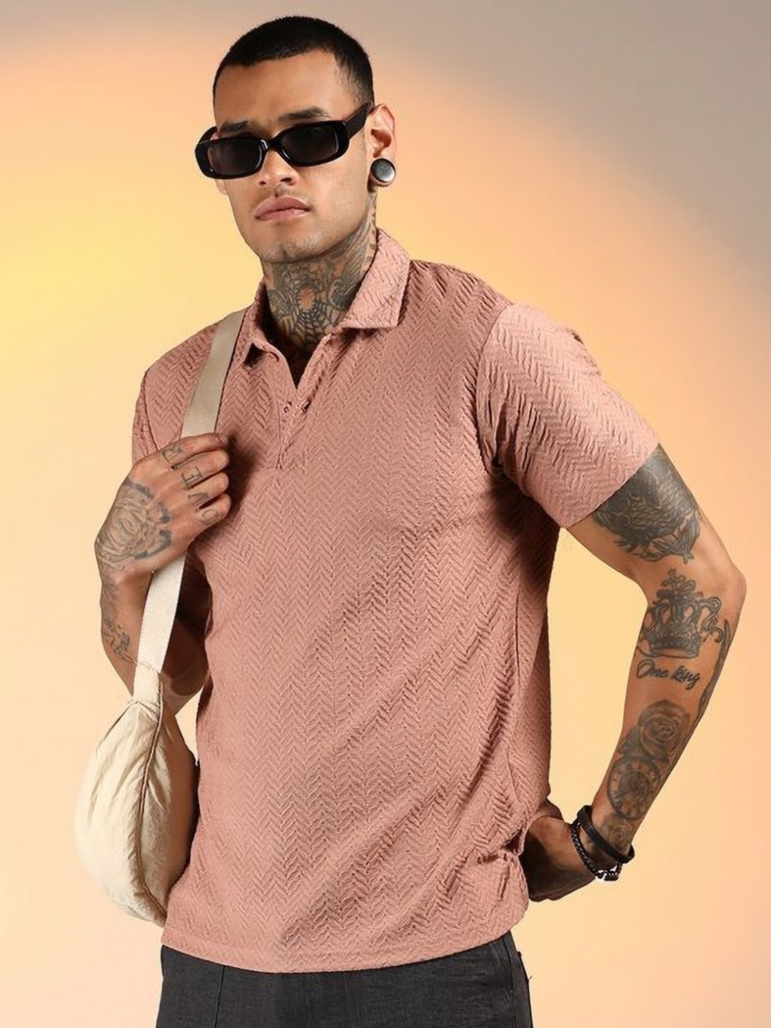 

Campus Sutra Men Self Design Polo Collar Cotton T-shirt, Peach