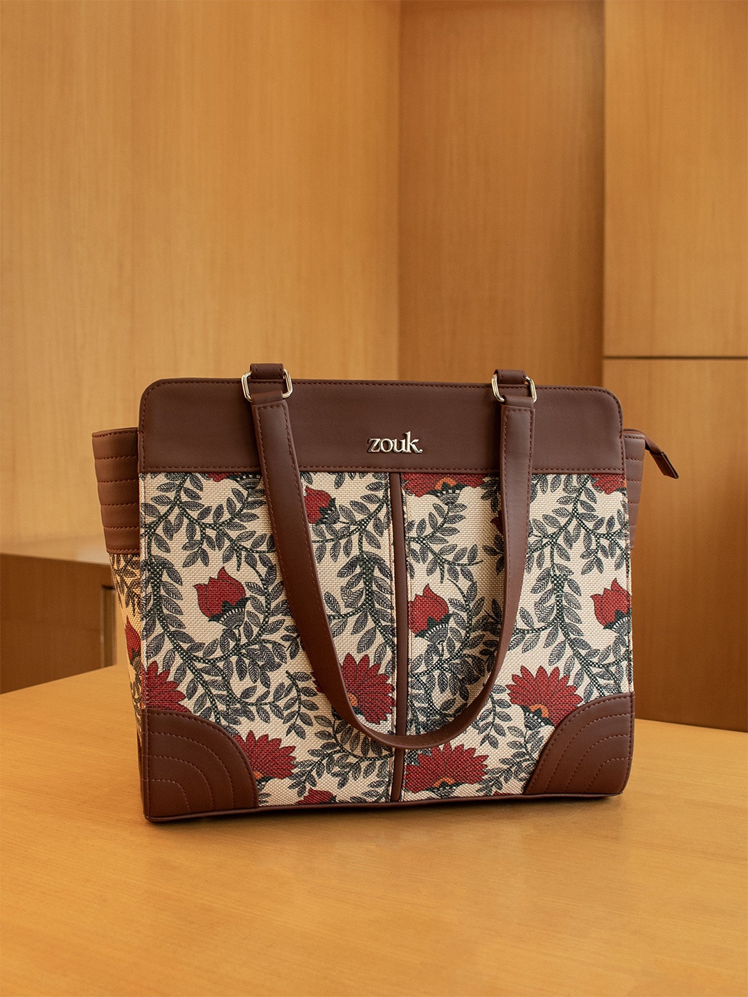 

ZOUK Women Floral Printed Structured Tote Bag, Beige
