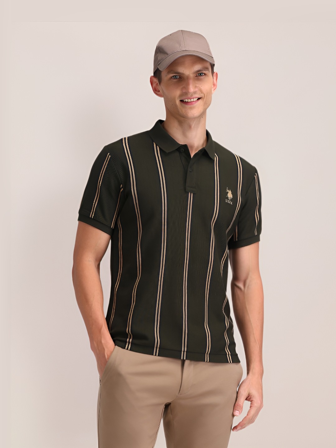 

U.S. Polo Assn. Men Striped Cotton Slim Fit T-shirt, Green