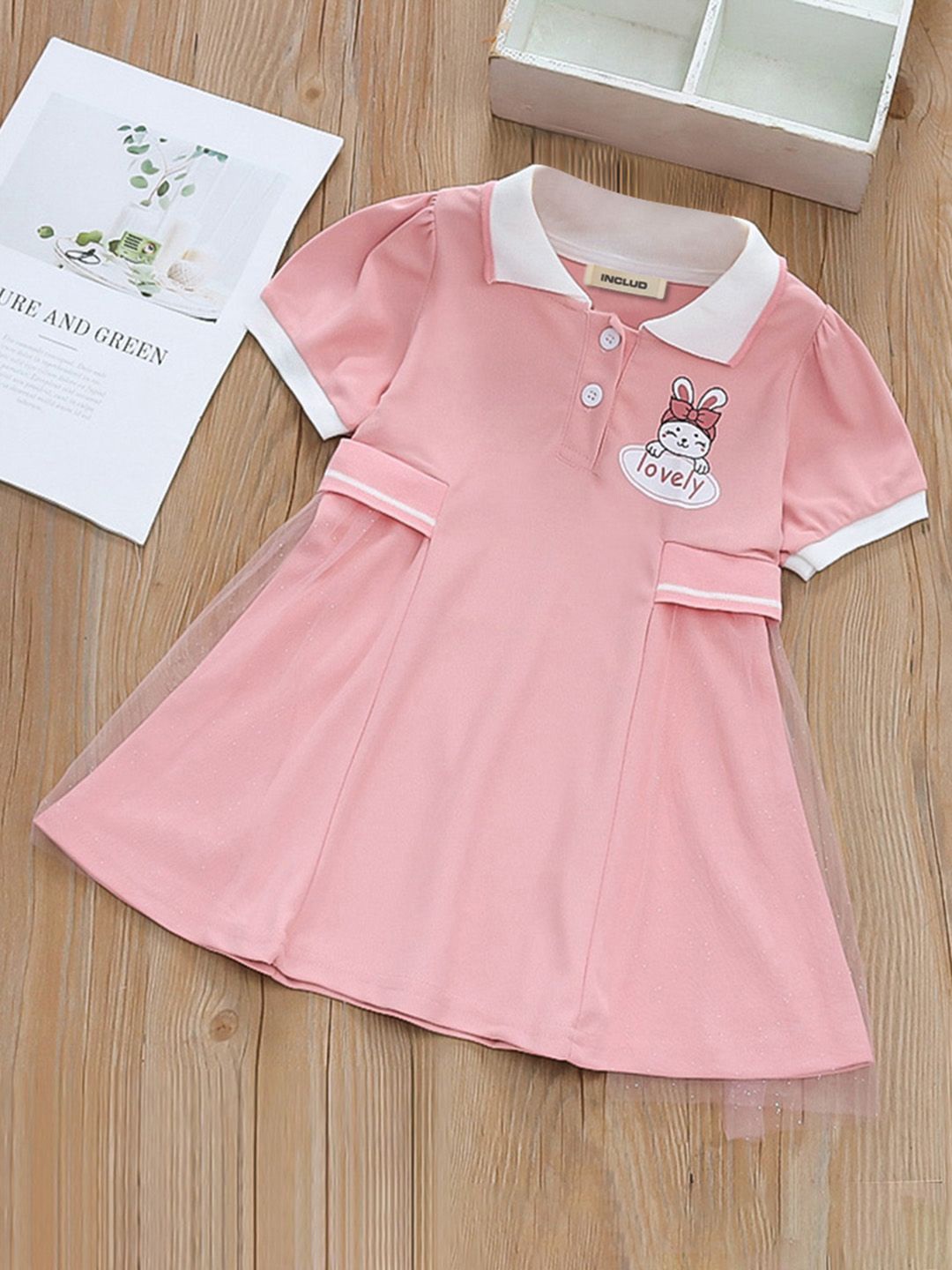 

INCLUD Girls Printed Puff Sleeve Shirt Dress, Pink