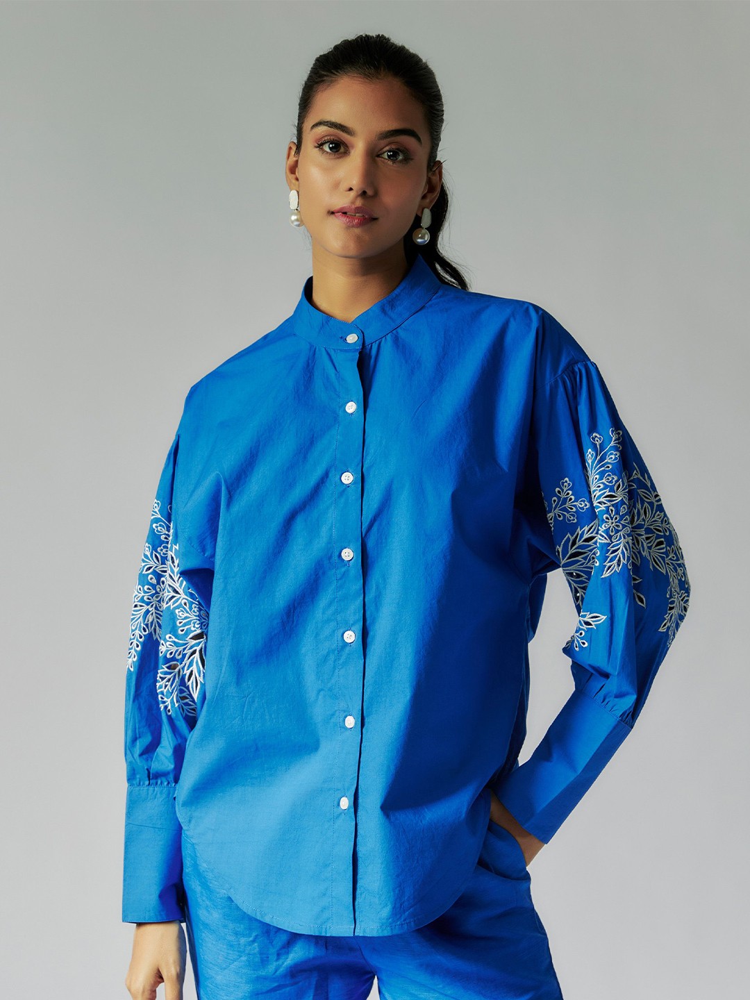 

Maisolos Women Band Collar Solid Cotton Linen Relaxed Fit Casual Shirt, Blue