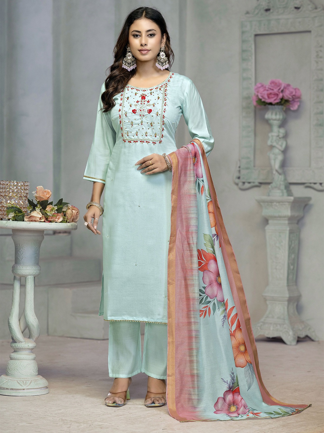 

Maroosh Embroidered Pure Cotton Kurta With Trousers & Dupatta, Sea green