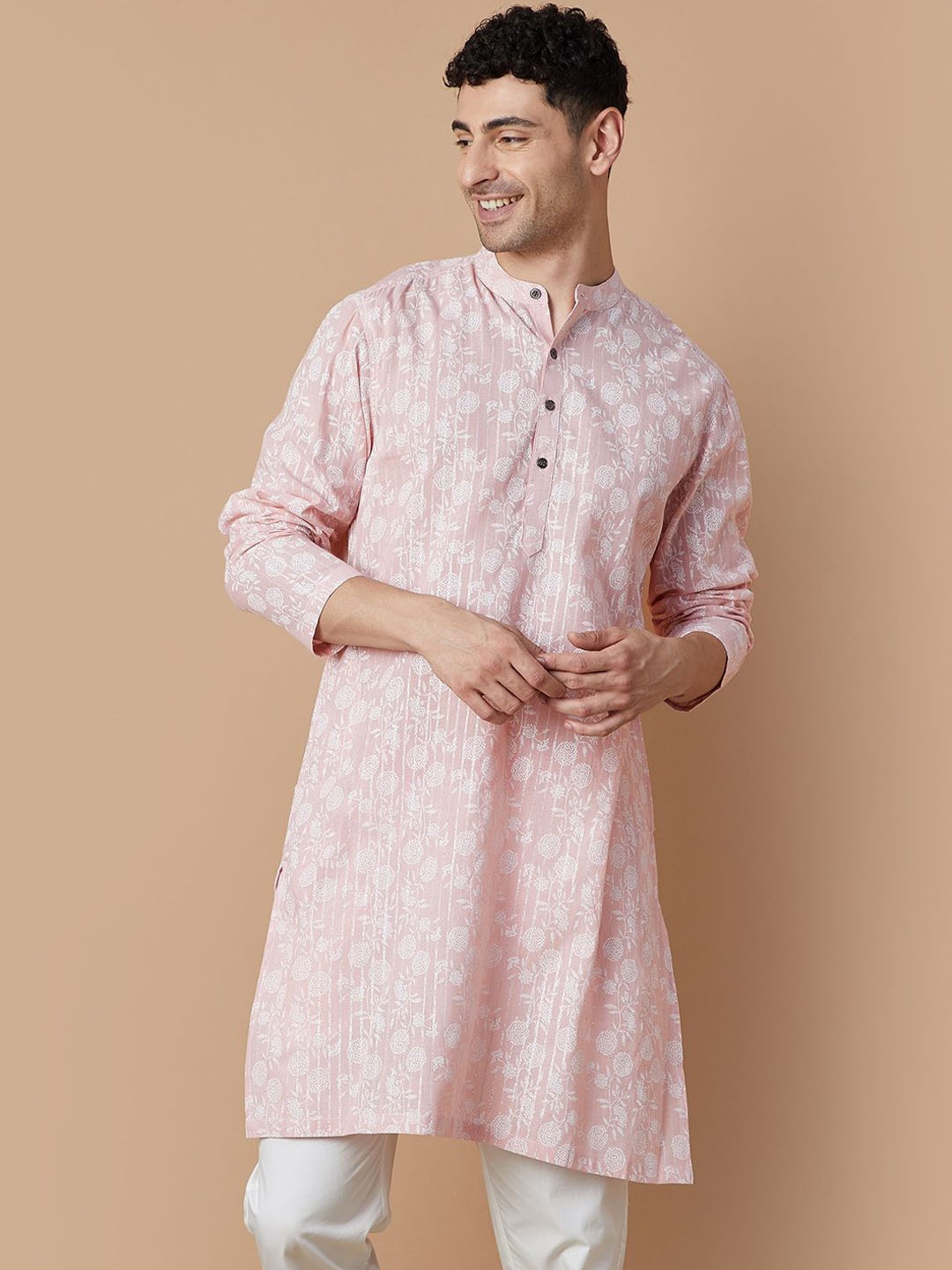 

Melange by Lifestyle Floral Printed Mandarin Collar Cotton Straight Kurta, Pink