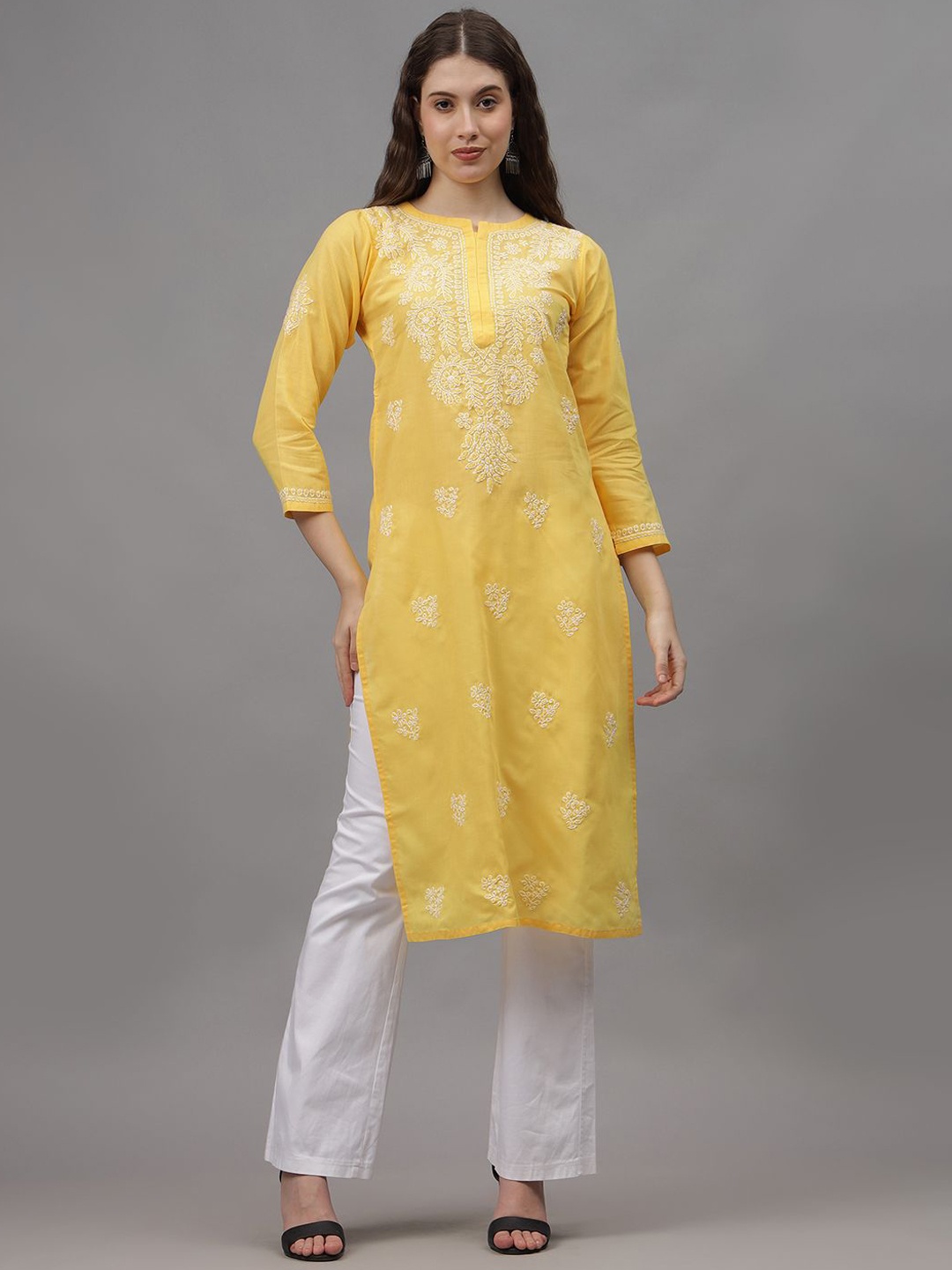 

Seva Chikan Ethnic Motifs Embroidered Chikankari Cotton Straight Kurta, Yellow