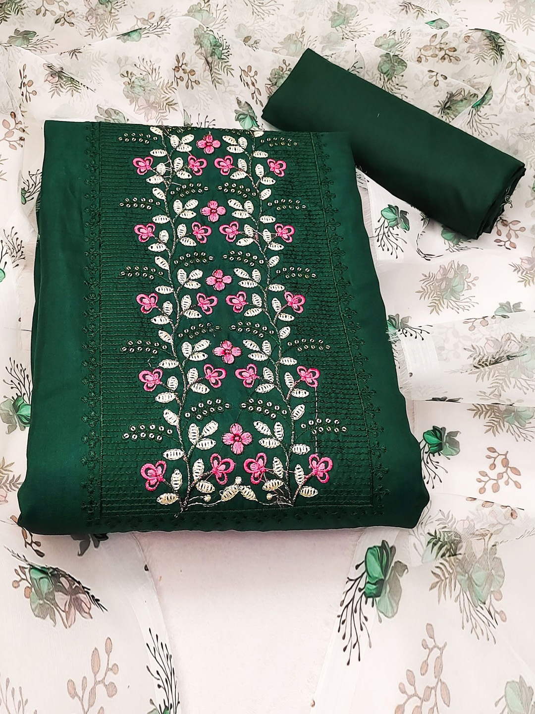 

Ishin Floral Embroidered Sequinned Detail Pure Cotton Unstitched Dress Material, Green