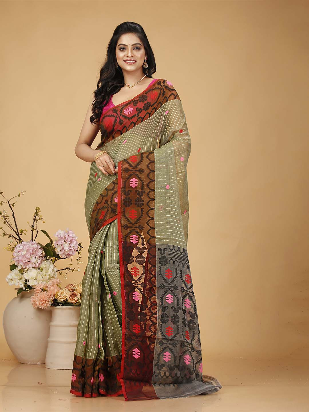 

SLAGHA Woven Design Jamdani Saree, Sea green