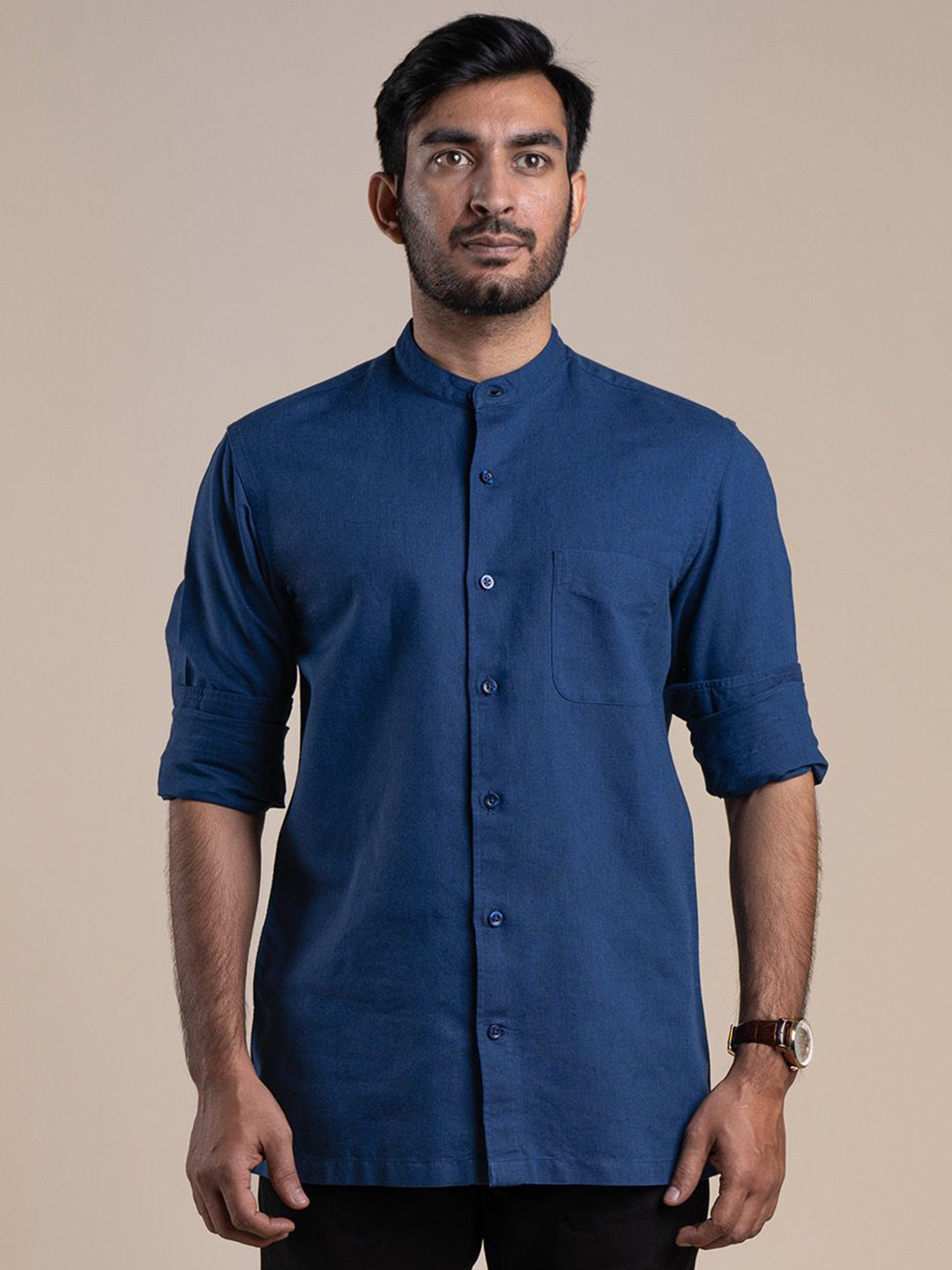 

Monks of Method Men Mandarin Collar Solid Relaxed Fit Casual Shirt, Blue