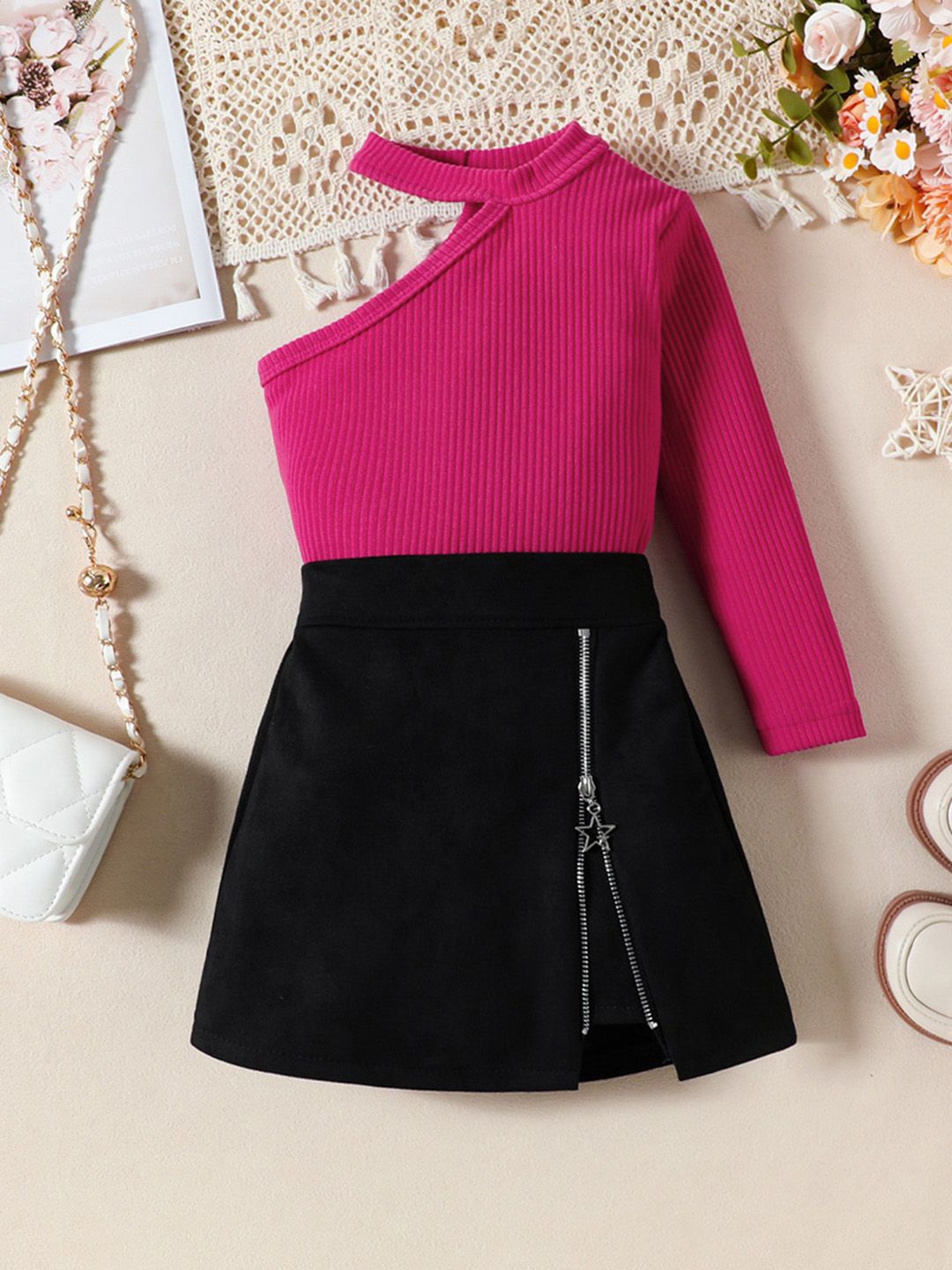 

INCLUD Girls One Shoulder Top with Skirt, Fuchsia