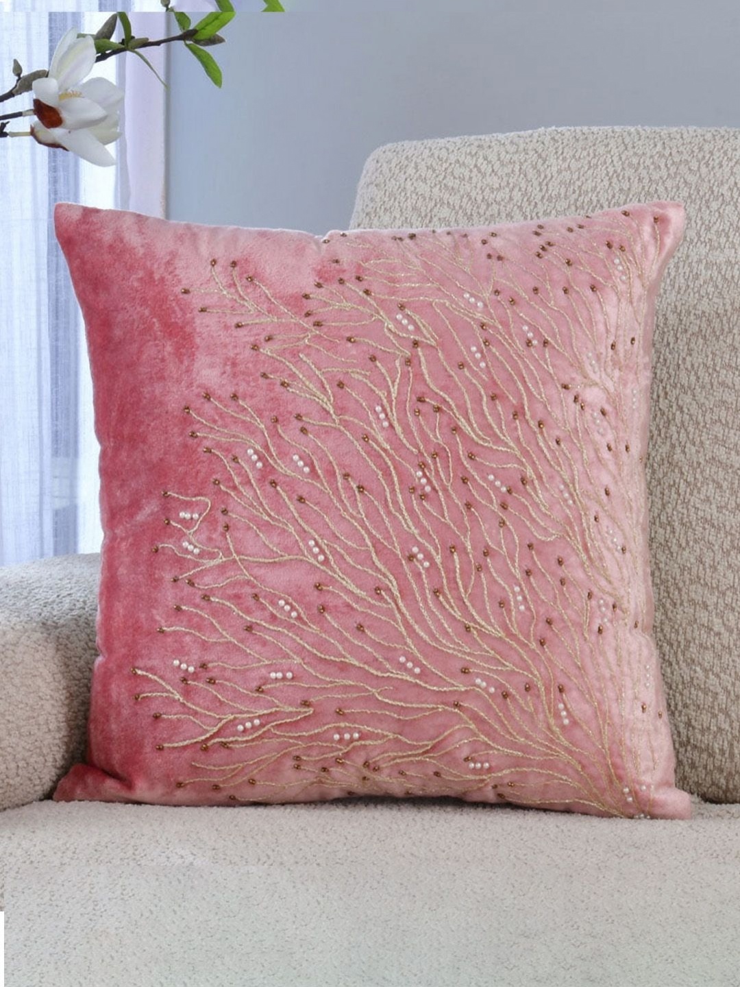 

Athome by Nilkamal Pink & Gold Toned Embroidered Square Cushion Cover