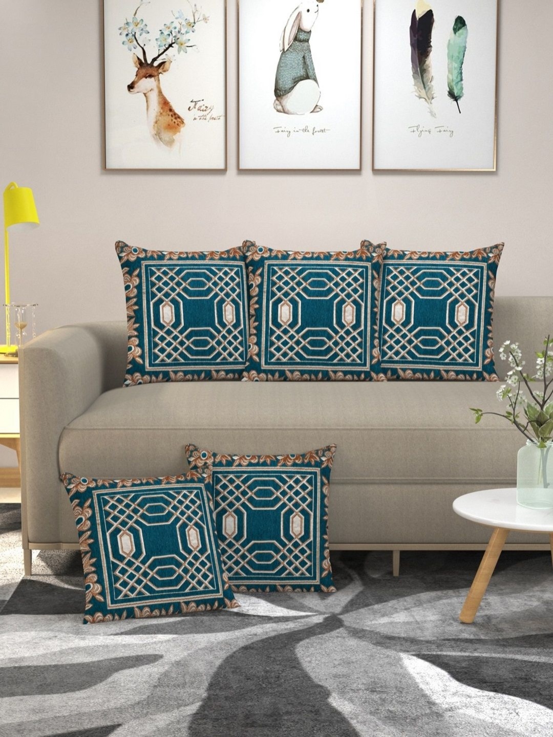 

MULTITEX Blue & Brown 5 Pieces Geometric Velvet Square Cushion Covers