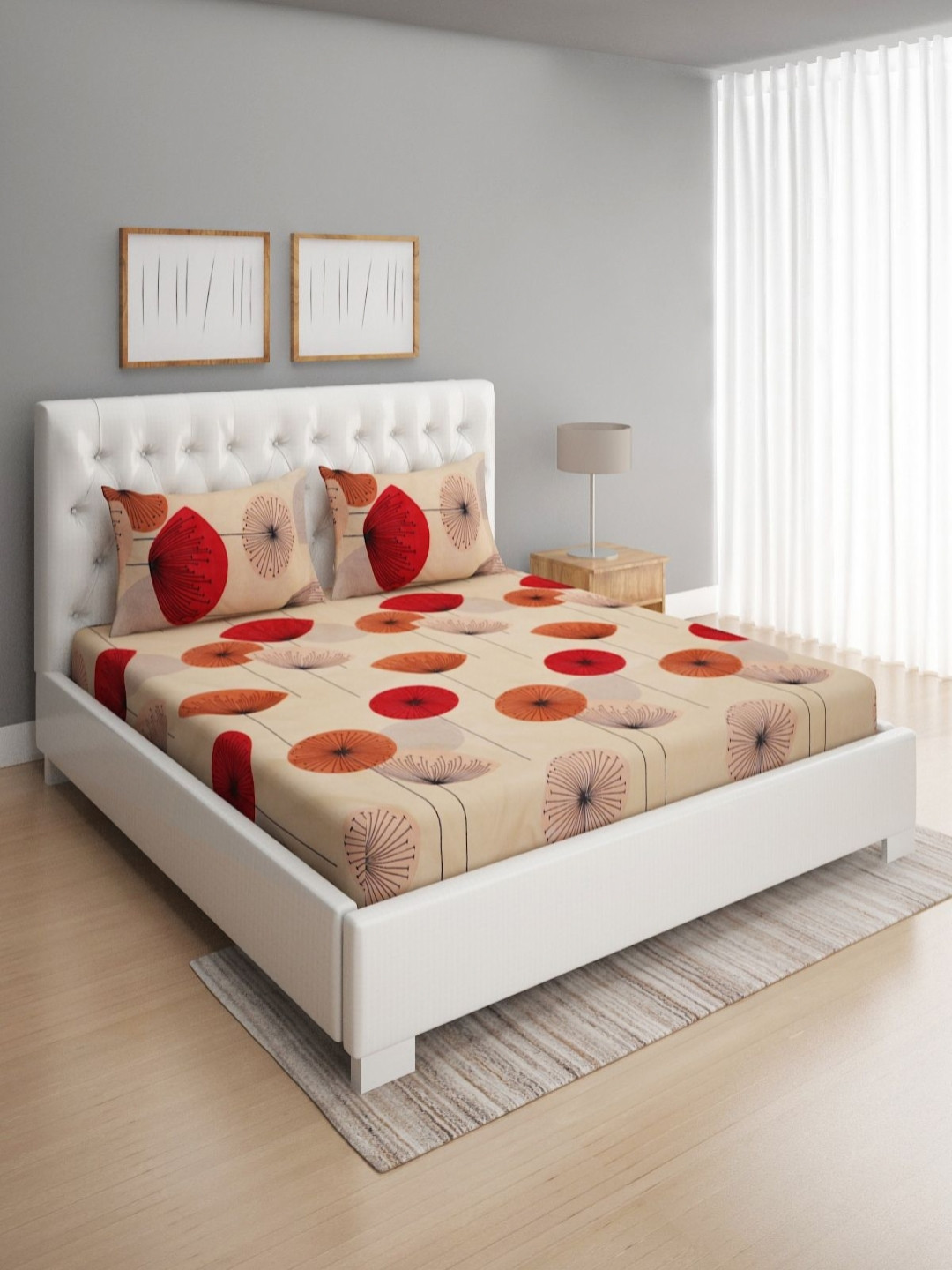 

ROMEE Beige & Red Floral Printed 144 TC Microfiber Double Queen Bedsheet & 2 Pillow Covers