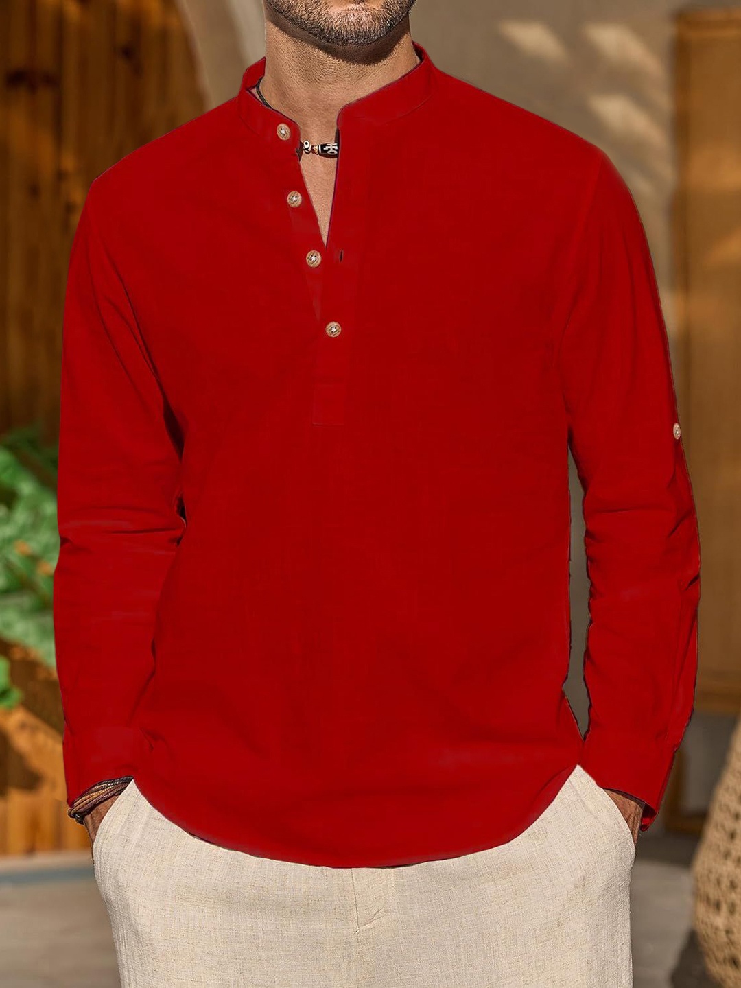 

Vida Loca Slim Fit Band Collar Cotton Short Kurta, Red