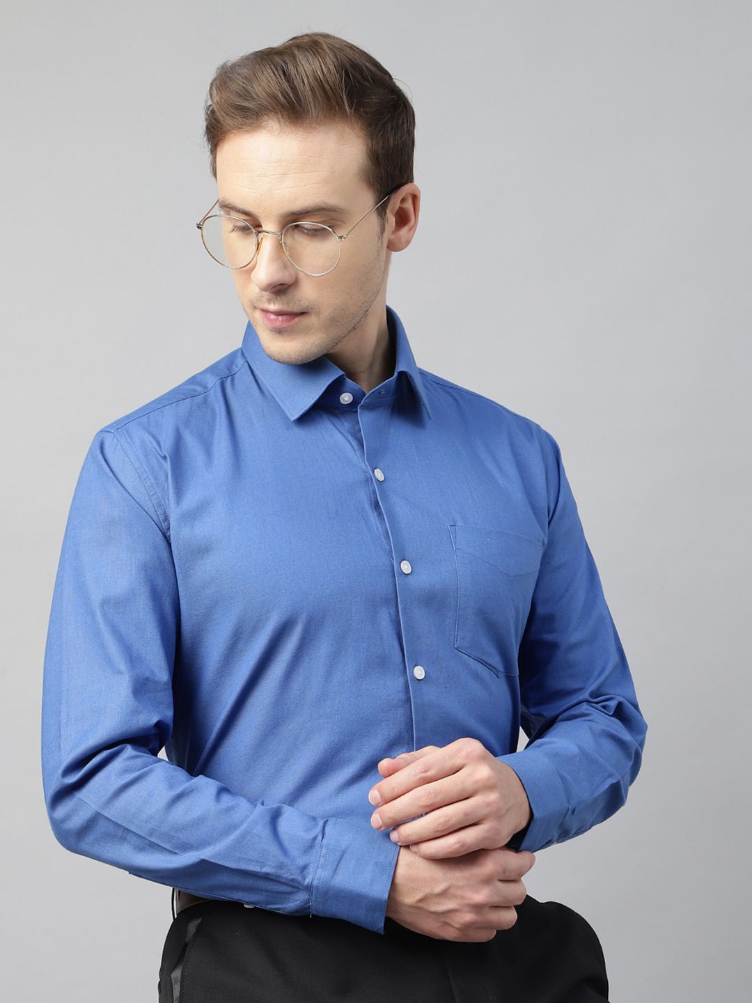 

Hancock Men Smart Spread Collar Solid Cotton Slim Fit Formal Shirt, Blue