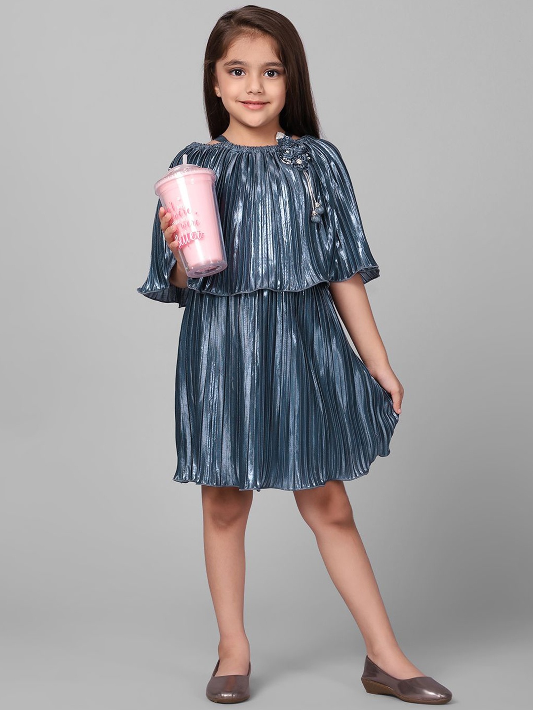 

Macwin Girls Off-Shoulder Cape Sleeve Satin A-Line Dress, Blue
