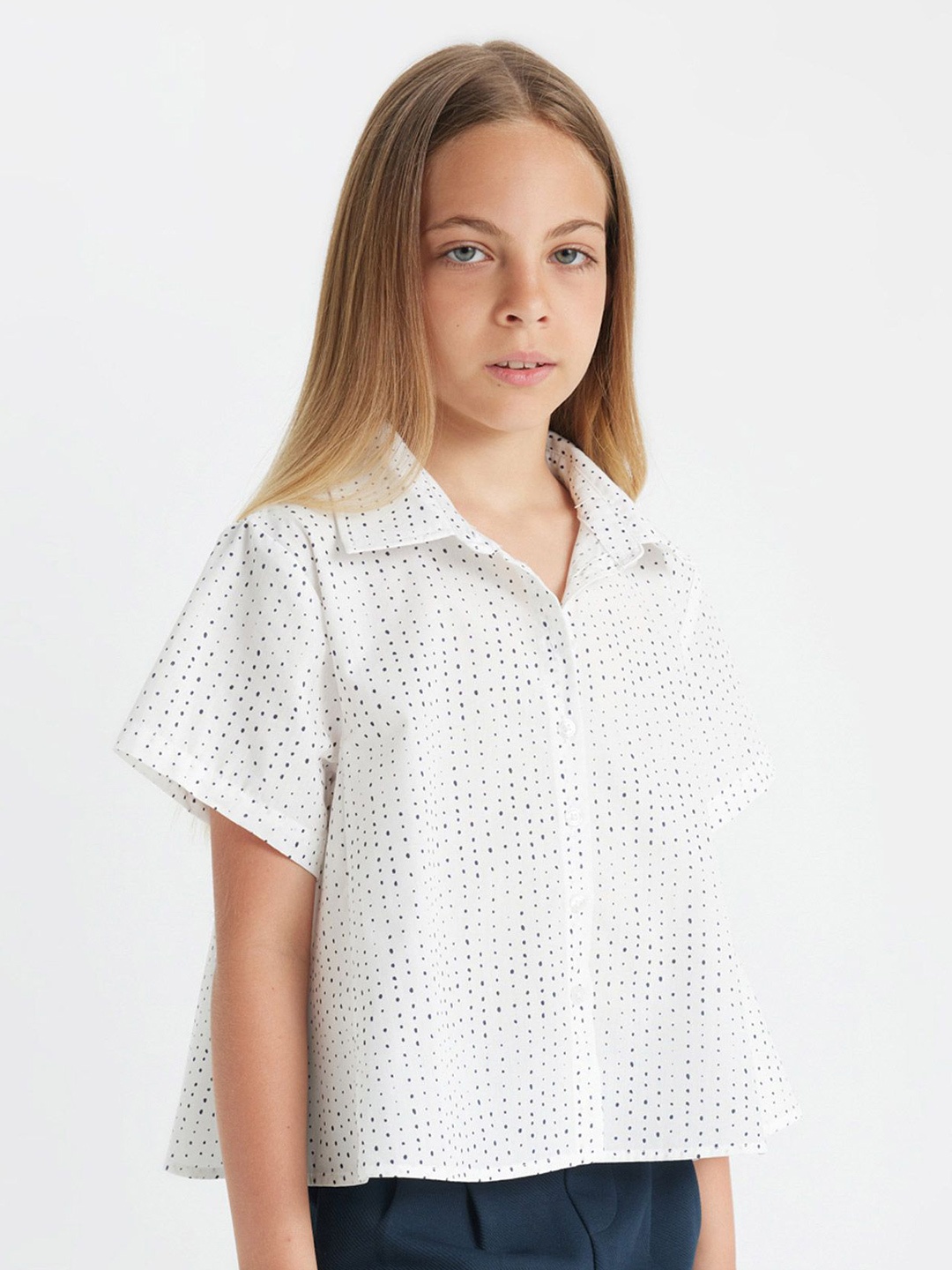 

DeFacto Girls Spread Collar Micro Ditsy Checked Cotton Casual Shirt, White