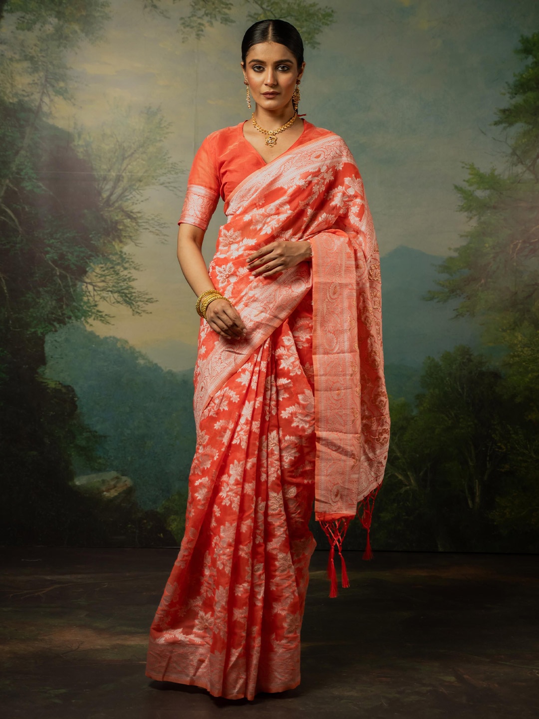

Sangria Ethnic Motifs Woven Design Tassel Saree, Orange