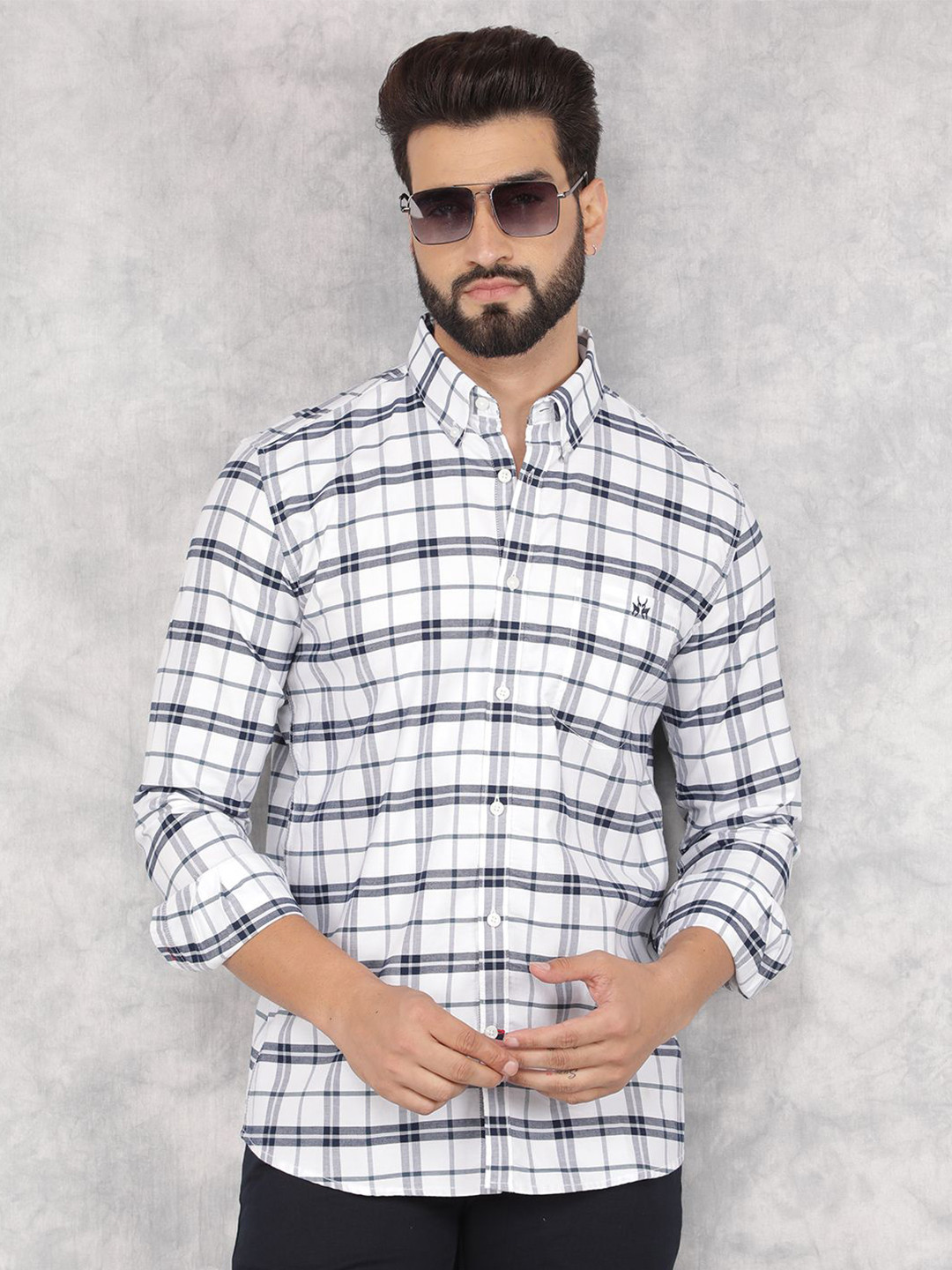 

Crimsoune Club Men Smart Button-Down Collar Tartan Checked Cotton Slim Fit Casual Shirt, White