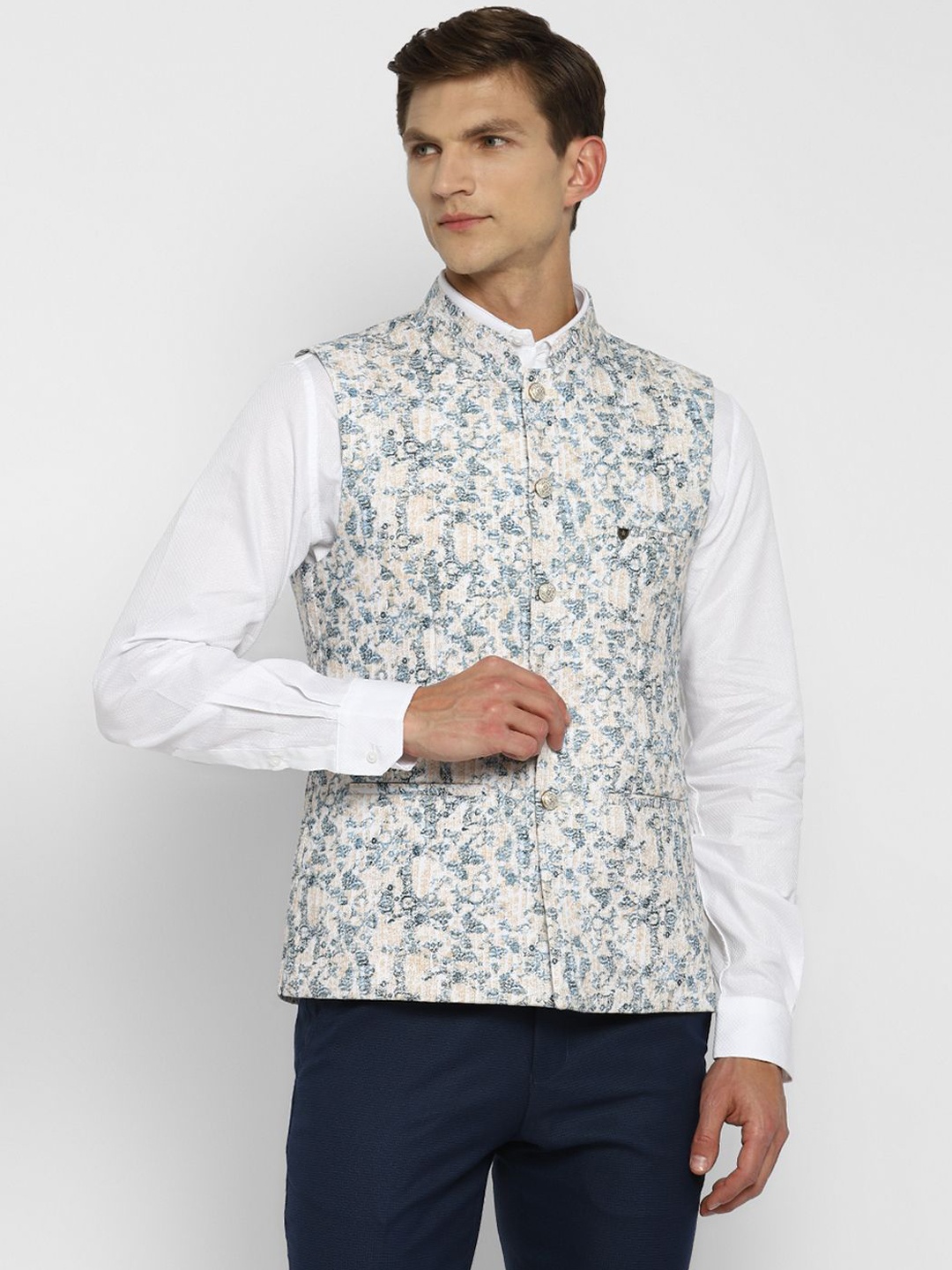 

Turtle Men Printed Cotton Nehru Jacket, Blue