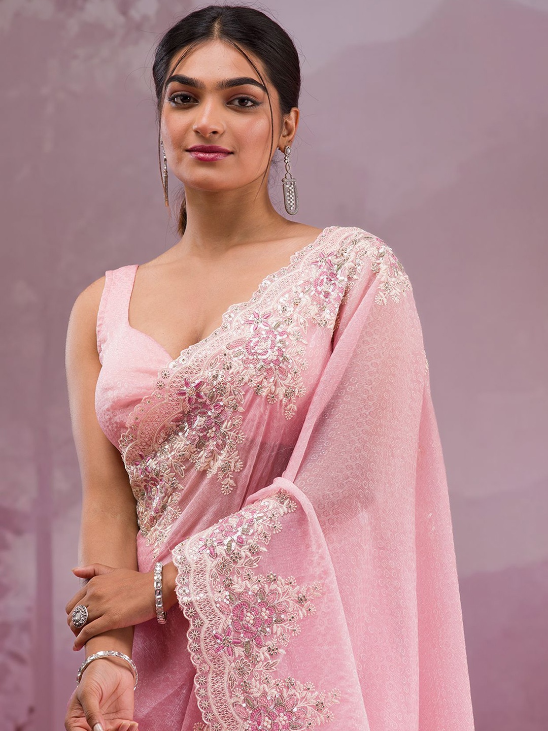 

Koskii Embellished Embroidered Self Design Pure Georgette Saree, Pink