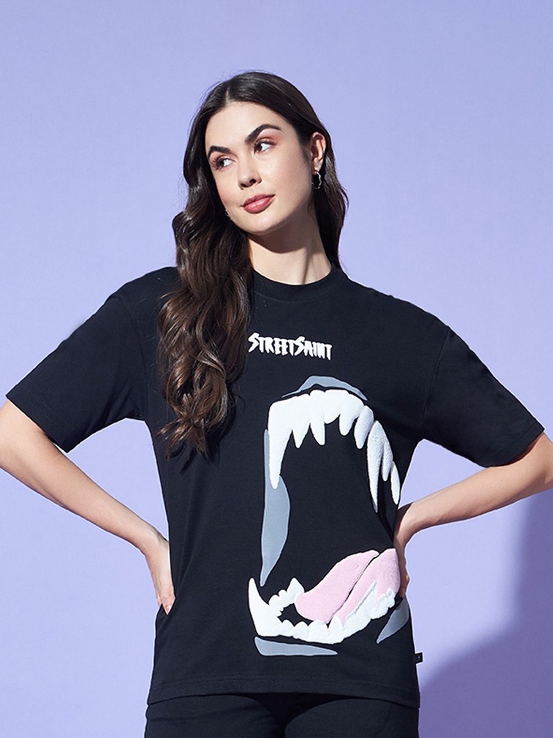 

GRIFFEL Women Graphic Printed Round Neck Cotton Oversized T-shirt, Black