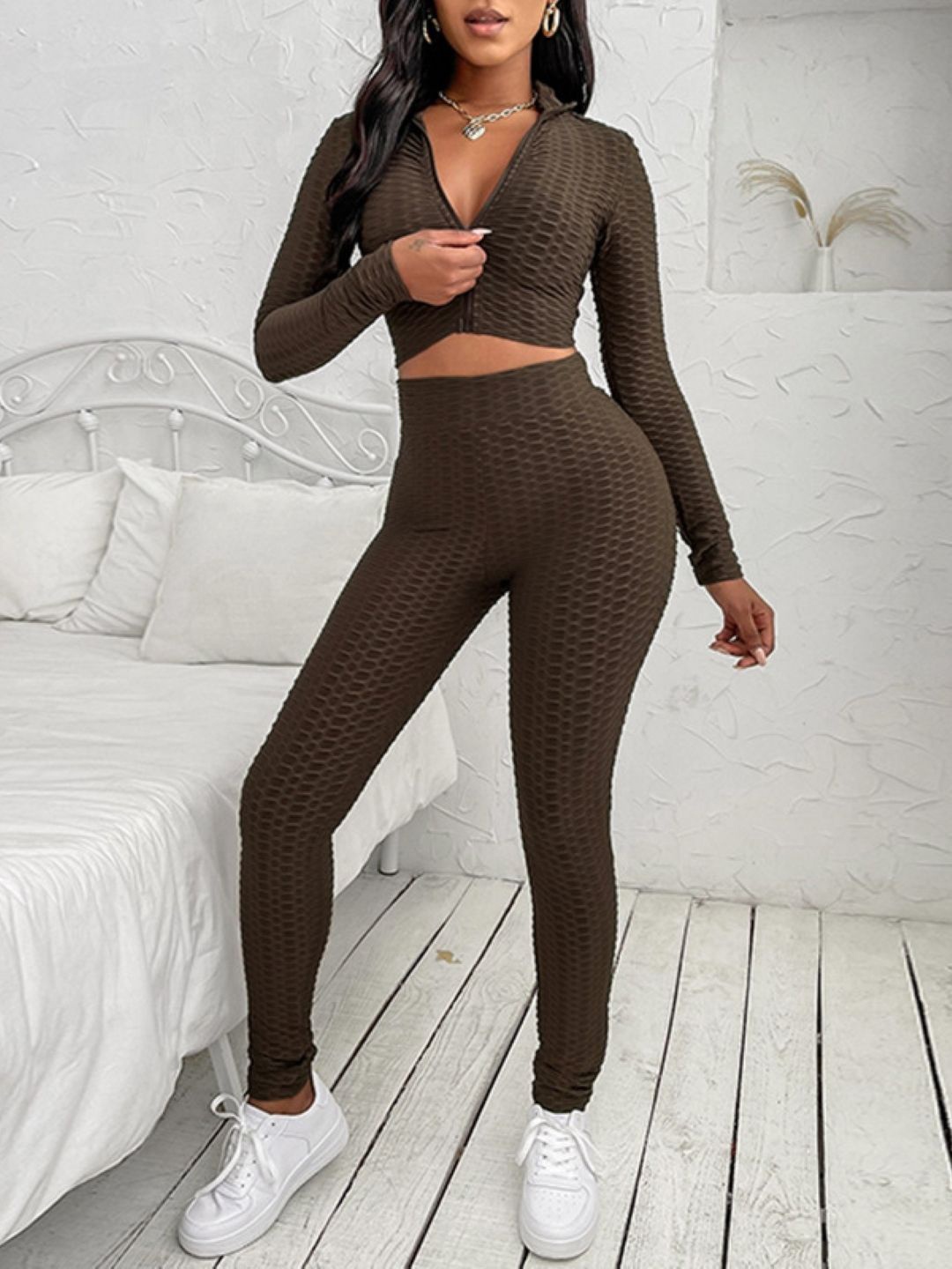 

KPOP Self-Design Top With Trousers Co-Ords, Brown