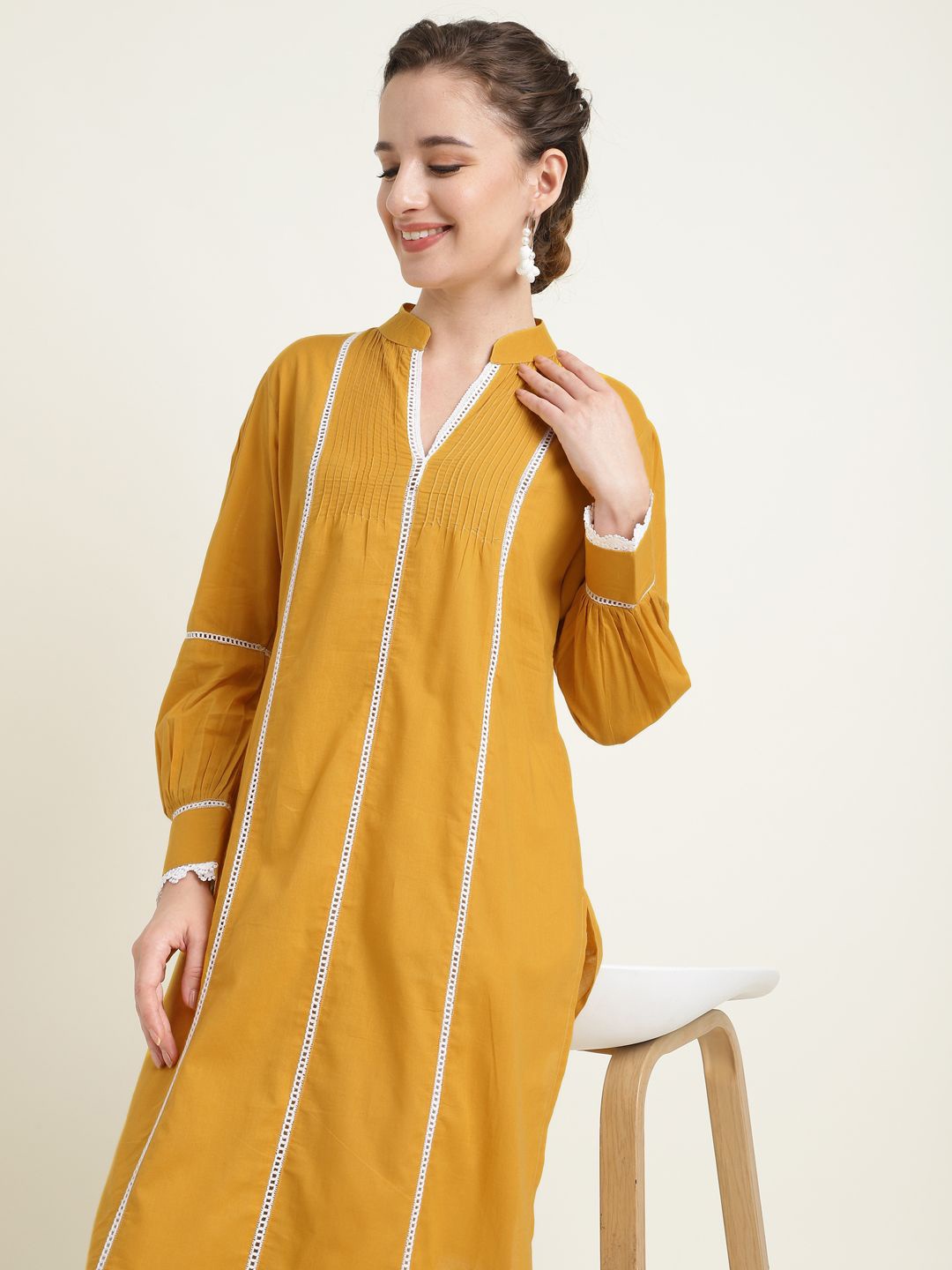 

ZARI Embroidered Panelled Thread Work Pure Cotton Kurta with Trousers, Mustard