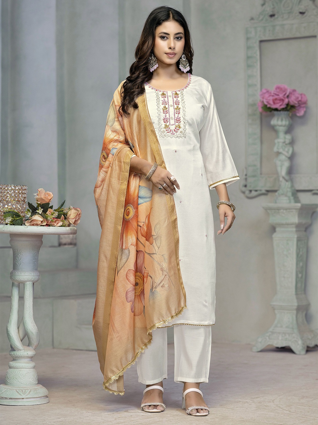 

Maroosh Women Embroidered Thread Work Straight Kurta Set Trousers and Dupatta, White
