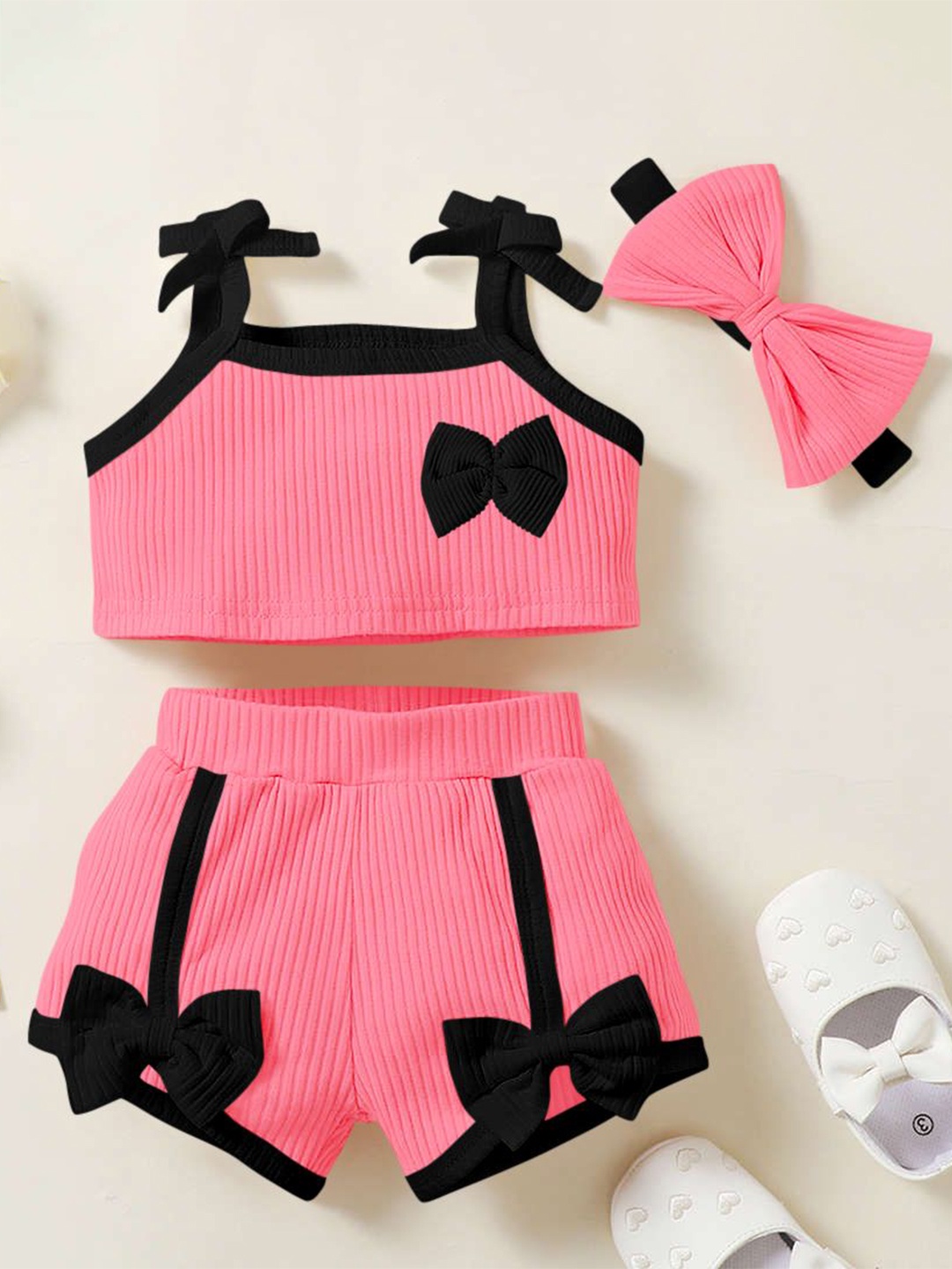 

Emblica Girls Ribbed Shoulder Straps T-shirt with Shorts & bow, Pink