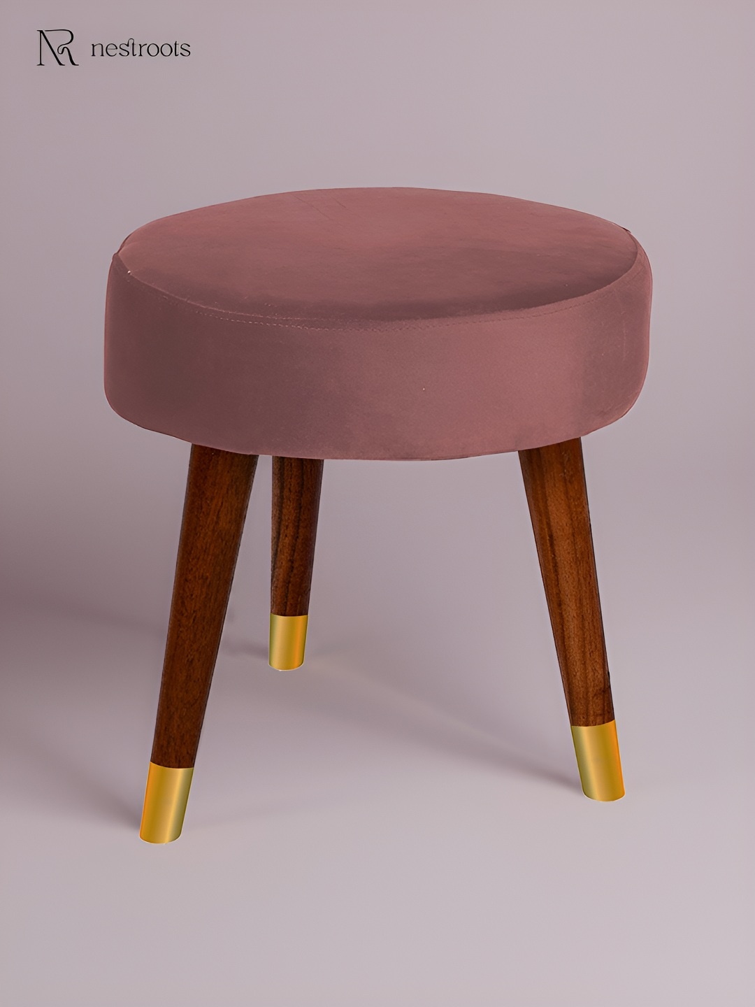 

nestroots Rose Pink & Brown Round Shape Wooden Velvet Ottoman