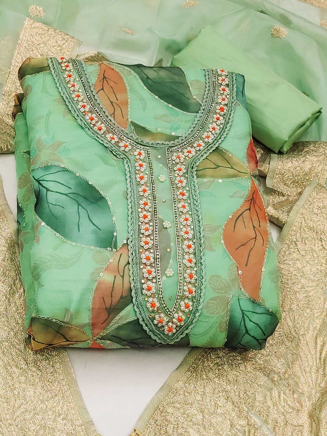 

Ishin Ethnic Motifs Embroidered Sequinned Organza Unstitched Dress Material, Green
