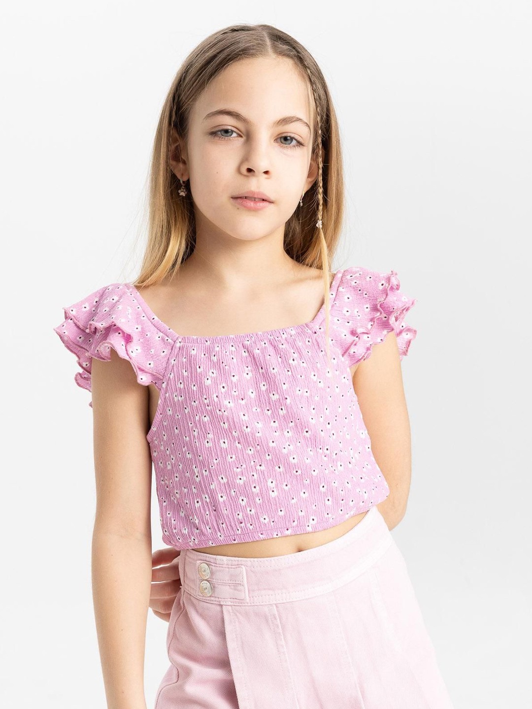 

DeFacto Girls Floral Printed Square Neck Top, Pink
