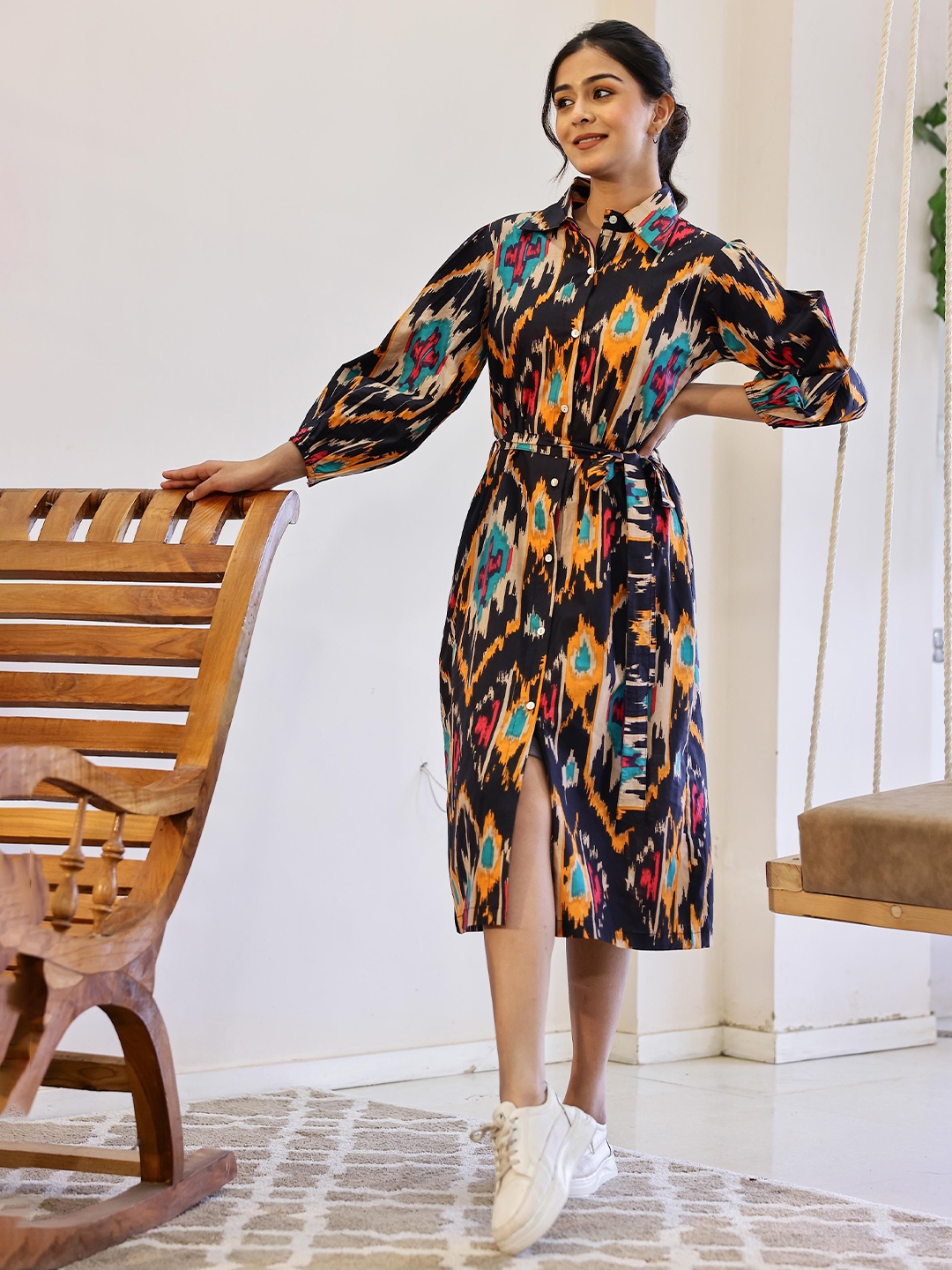 

FLAVIA CREATION Floral Printed Layered Shirt Midi Dress, Black