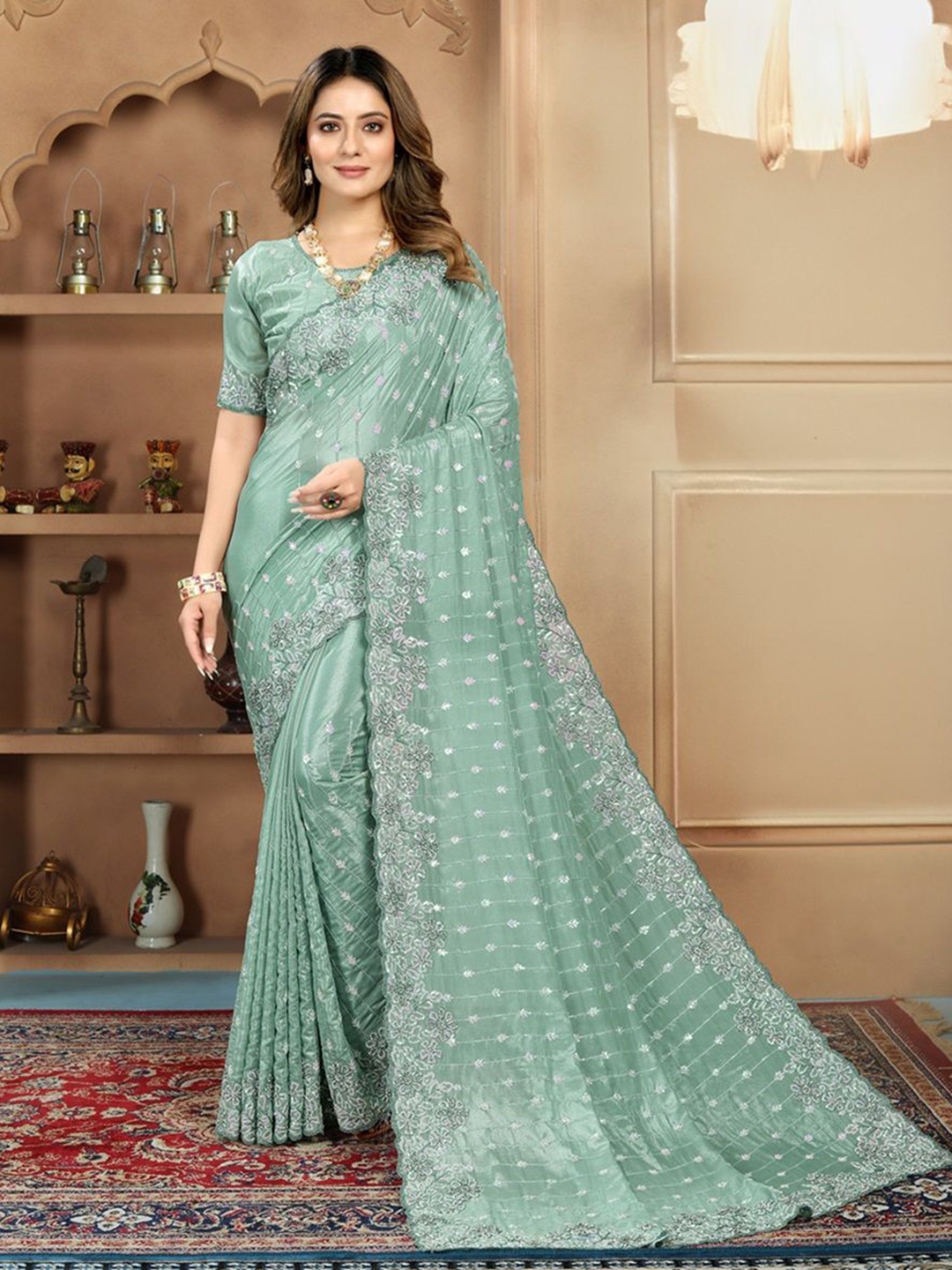 

Arron Creats Floral Embroidered Pure Crepe Saree, Sea green