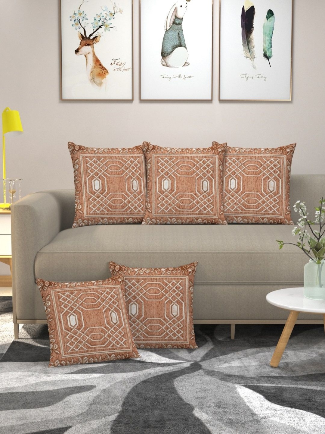 

MULTITEX Peach-Coloured & White 5 Pieces Geometric Velvet Square Cushion Covers